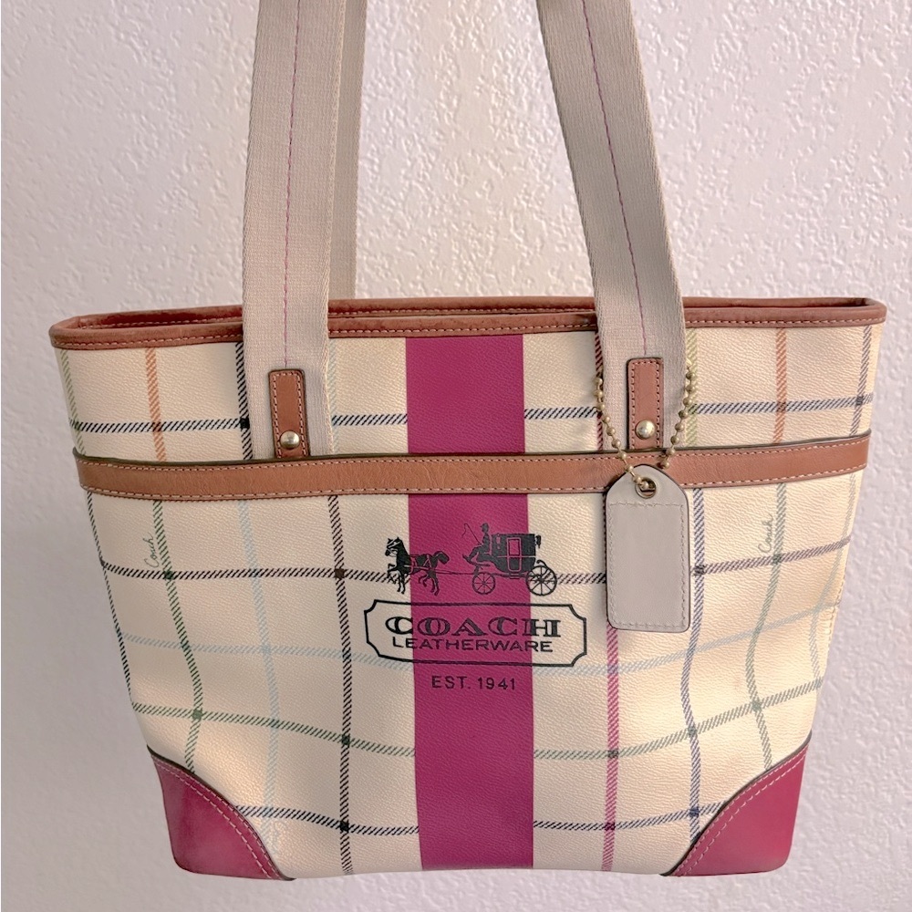 Coach Women's Plaid Tote Bag - Pink, Cream, and Brown